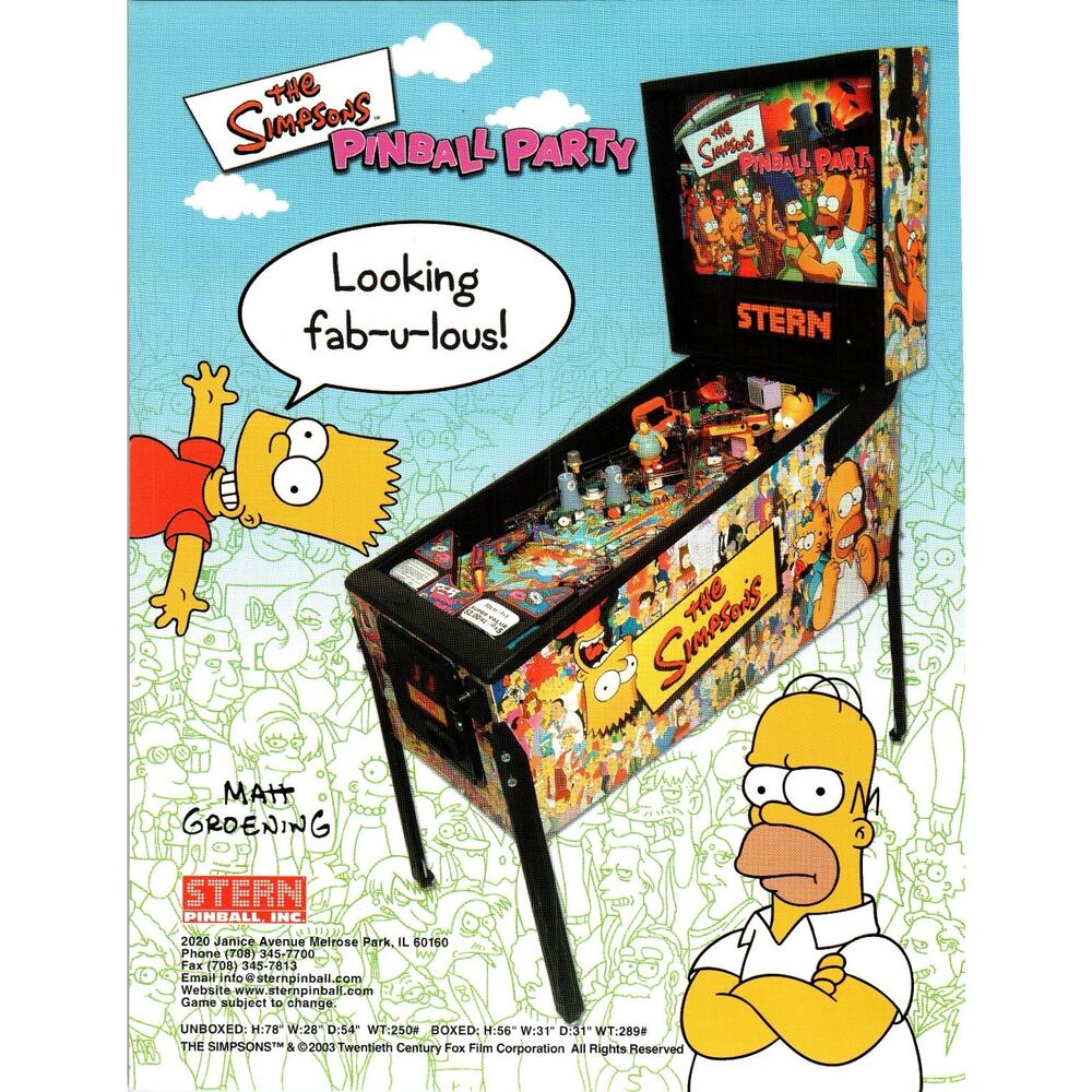The Simpsons Pinball Party Flyer 2003 Stern Pinball Arcade Game